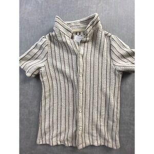 Cactus Boys Cream Brown Striped Knit Button Down Shirt Size 9/10 Short Sleeve
